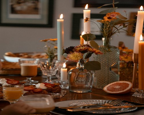 Calm family dinner table set with simple home food